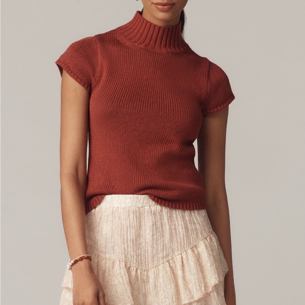 MAEVE COTTON MOCK NECK SWEATER TEE IN RED DAHLIA